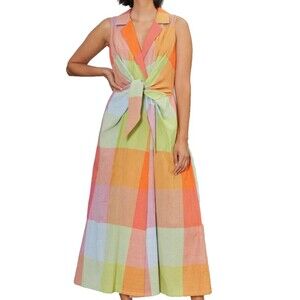 Rujuta Sheth Emily Jupiter Chex Collared Tie Front Dress Madras Cotton M